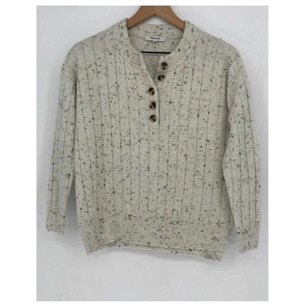 Madewell‎ Donegal Henley Sweater Women XXS Cream Ribbed Cozy Preppy Cabincore